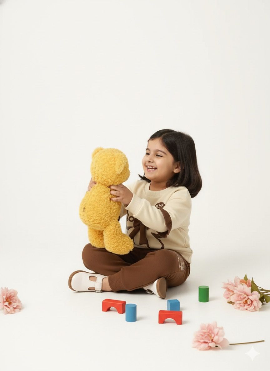 “Love Mom” Premium Beige & Brown Frill Sweatshirt and Jogger Set for Girls
