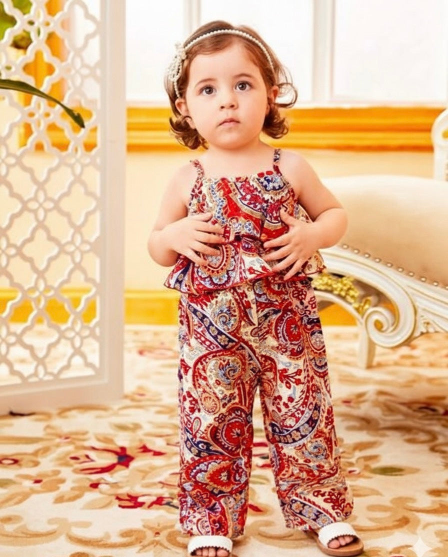 Stylish Girl's Paisley Print Ruffle Jumpsuit