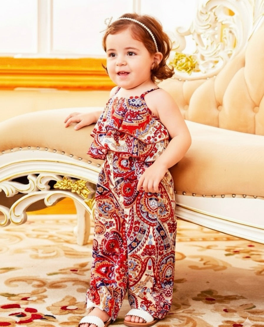 Stylish Girl's Paisley Print Ruffle Jumpsuit