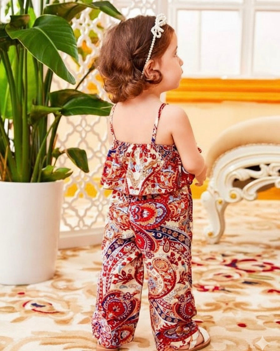 Stylish Girl's Paisley Print Ruffle Jumpsuit