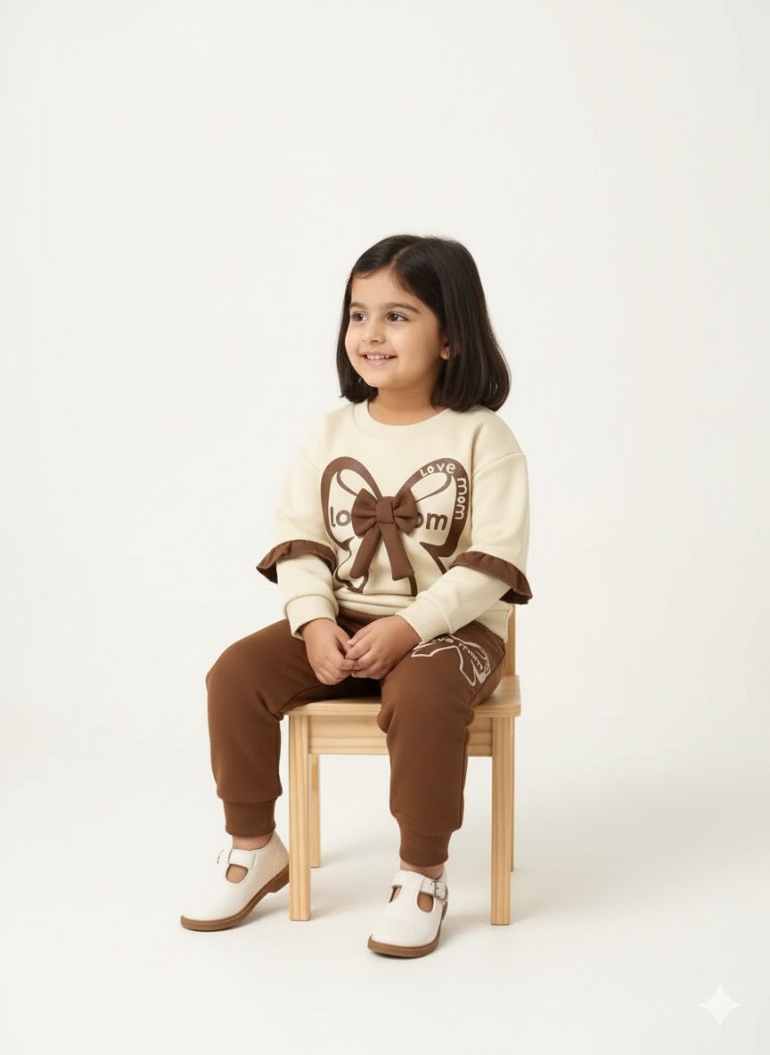 “Love Mom” Premium Beige & Brown Frill Sweatshirt and Jogger Set for Girls