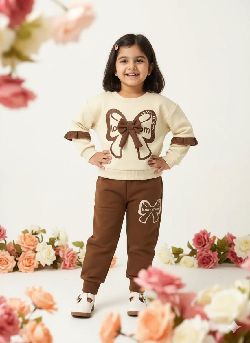 “Love Mom” Premium Beige & Brown Frill Sweatshirt and Jogger Set for Girls