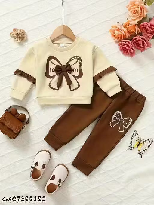 “Love Mom” Premium Beige & Brown Frill Sweatshirt and Jogger Set for Girls